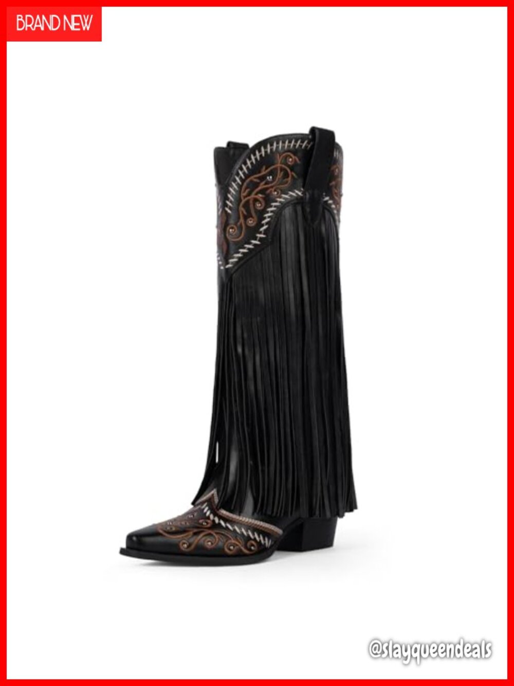 Knee High Fringe Cowboy Boots Pointed Toe Chunky Heel Western